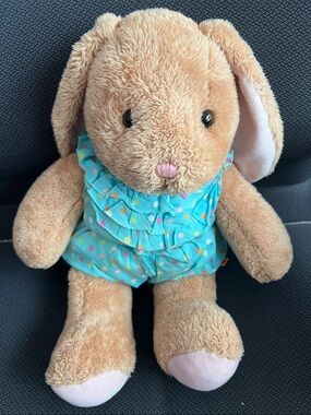 Plush Bunny Stuffed Animal in Light Brown with Turquoise Polka-Dot Outfit
